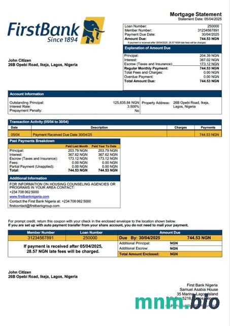 Nigeria First Bank Nigeria wyciąg z kredytu hipotecznego szablon Word i PDF